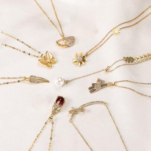 Kpop Crystal Feather Butterfly Pendant Necklace For Women Girls Geometric Charms Stainless steel Choker Jewelry Party Gifts