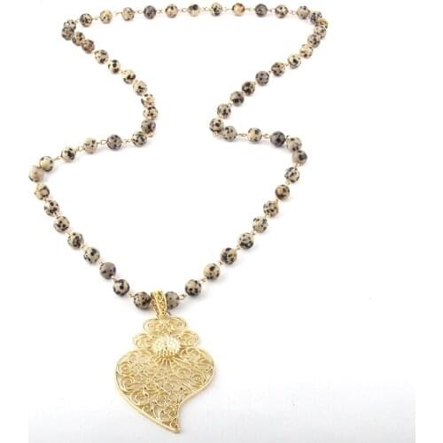 Fashion Bohemian Jewelry Semi Precious Stones Rosary Chain Metal Hollow Out Heart Pendant Necklaces