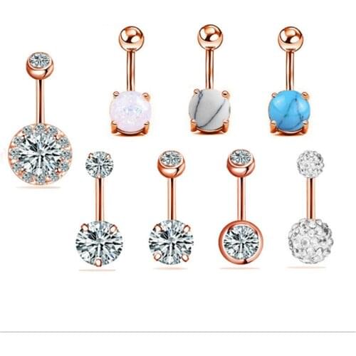 Fashion Sexy 8pcs/lot Rose Gold Color Dangle Navel Rings Navel Bars Crystal Belly Button Ring Navel Piercing Jewelry