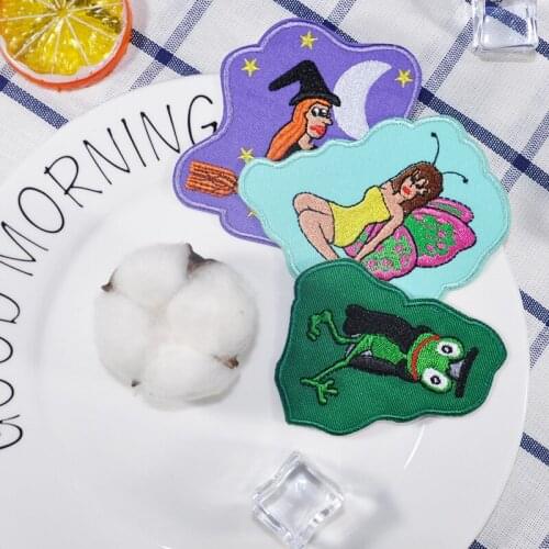 Cartoon Fairy Witch Frog Animals Parches Embroidery Iron on Patches for Clothing DIY Stripes Clothes Stickers Appliques