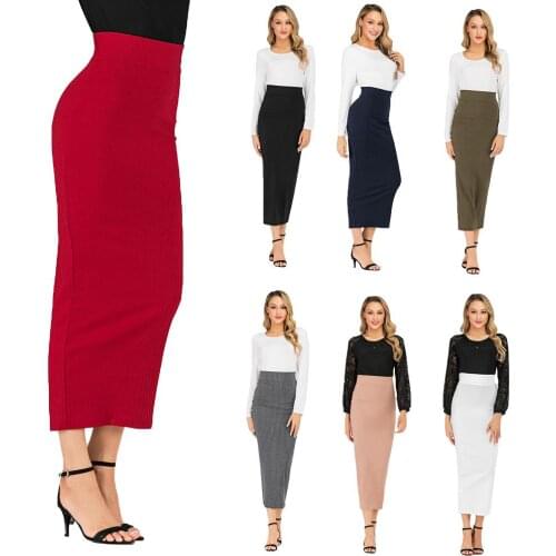 Muslim Women Stretch High Waist Plain Long Pencil Skirt Bodycon Maxi Skirt Dress Knit Sheath Slim Skirt Ankle-length Islamic New