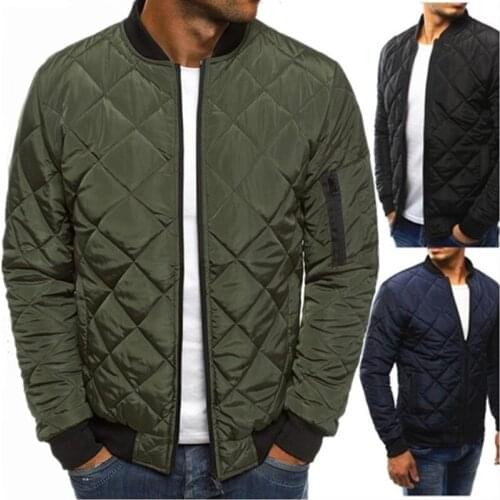 Mens Cotton-padded Jacket Diamond Plaid Solid Color Stand Collar Short Cardigan Coat Casual Long Sleeve Zipper Tops