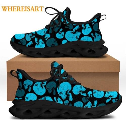 WHEREISART Mens Blue Skull Print Sport Sneaker Casual Running/Ball Game Footwear Cool Flex Control Lace-up Vulcanized Shoes