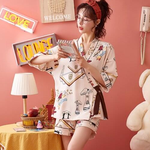 New Summer Cotton Japanese Kimono Ladies Pajamas Short-Sleeved Cute Cartoon Girls Home Clothes Plus Size Print Sleepwear Women