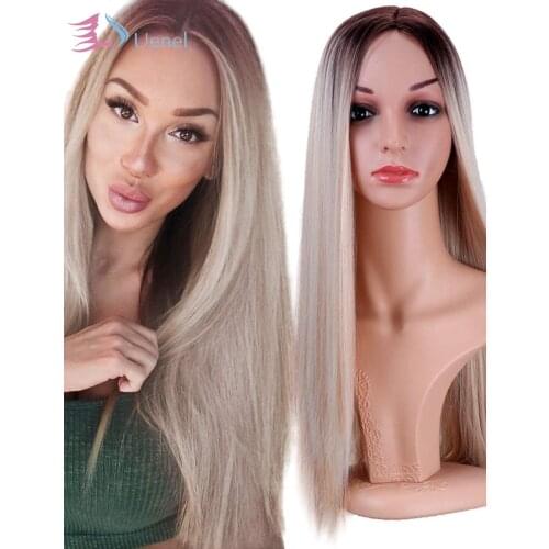 Uenel Wigs Ombre Wig Brown to Ash Blonde Middle Part Long Straight Heat Resistant Synthetic Daily Party Wig for Women