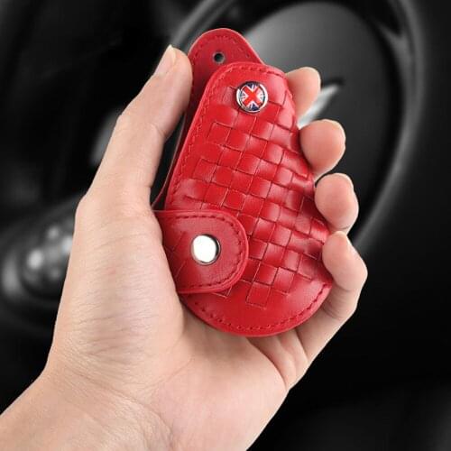 Red Black Brown Braided Leather Remote Key Fob Bag Cover Case Holder For 2008-up Mini Copper