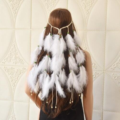 White Feather Hair Rope Headdress For Women Indian Ethnic Tribal Stretch Rubber Dirty Braid Hair Band Bohemia Jewelry Accessorie
