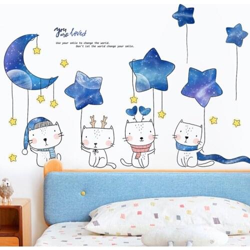 Cartoon Cute Cats Wall Stickers Moon Stars Decoration Kids Room Bedroom Removable PVC Vinyl Decals