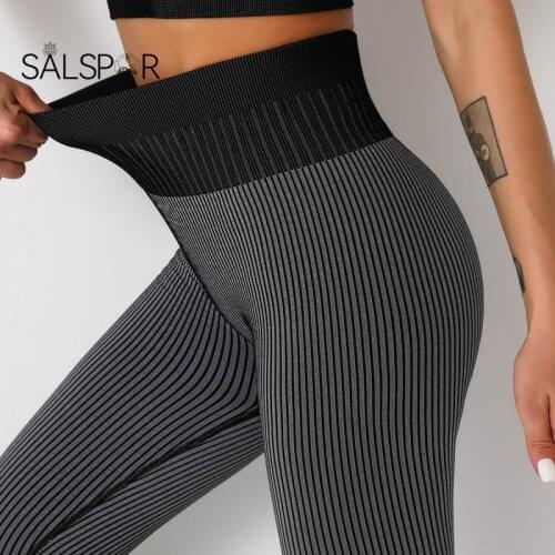 SALSPOR Seamless Knitted Fitness Leggings Women Striped Peach Hip Tights Push Up Leggings High Waist Gym Sports Yoga Sportswear