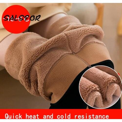 SALSPOR Winter Warm Leggings Women Thicker Lamb Wool Pants High Waist Plus Velvet Slimming Leggins Elastic Comfortable Black