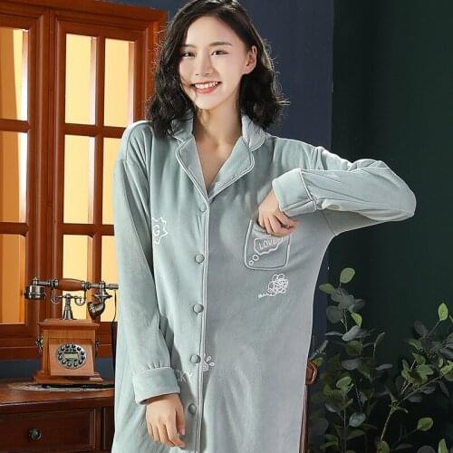 Loose Nightgown Sleepwear Nightdress Casual Flannel Autumn New Lapel Sleepshirt Long Sleeve Cute Cartoon Home Dressing Gown