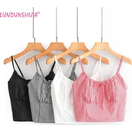 LUNDUNSHIJIA Sweet Sexy Bow Camisole Tops 2019 Summer Ladies Vintage Plaid Spaghetti Strap Vests Tops 4 Colors
