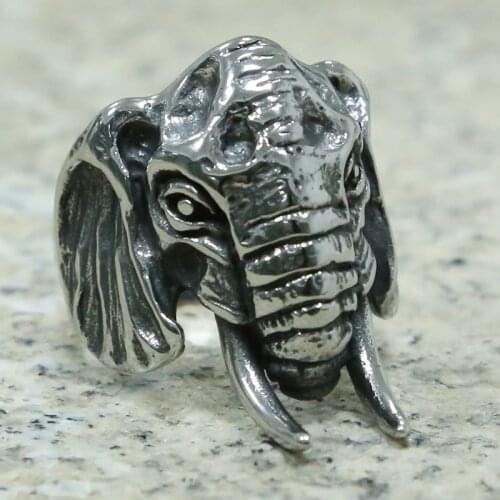 Vintage Detail Elephant Ring Men Boys 316L Stainless Steel Motorcycle Biker Rings Vintage Punk Rock Jewelry Animal Head Ring