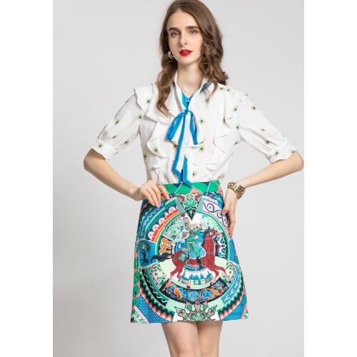 High quality womens summer five-point sleeve ruffled white blouse And jacquard skirt two piece set women skirt