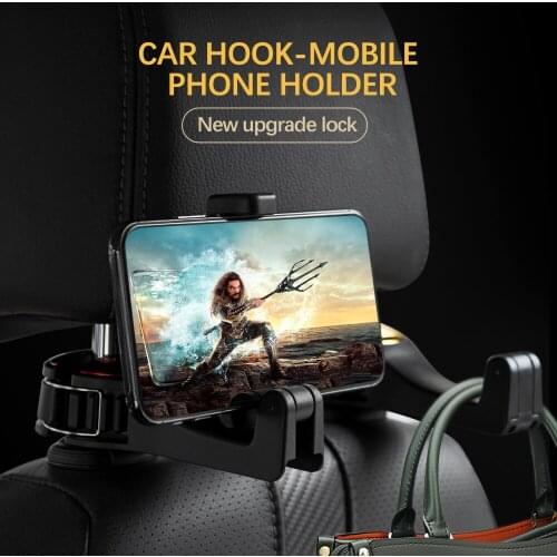 Back Hook 2 in 1 Car Headrest Hook with Phone Holder Seat Back Hanger for Bag Handbag Purse Grocery Cloth Foldble Clips Organiz