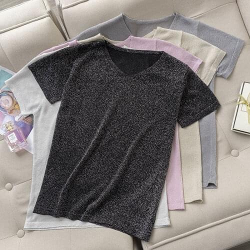 Women Summer Knitted T-shirt Short Sleeve Basic Tops Plus Size Glitter Knit Tops V Neck Shiny Female Basic Tops Lce Silk T-shirt