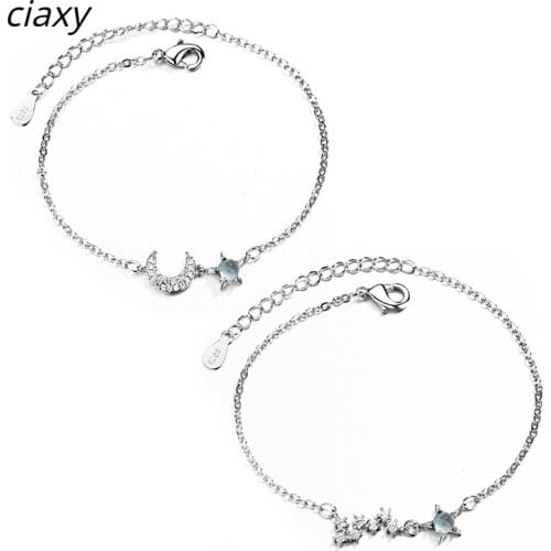 CIAXY 925 Sterling Silver Charm Star Moon Bracelets for Women Adjustable Length Fashion Inlaid Zircon Bracelet Korean Jewelry