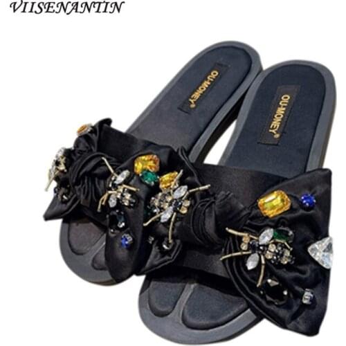 Round Toe Thick Bottom New Fashion Denim Rhinestone Bow Split Toe Flat Bottom Fashion Casual Slippers Women Summer Wear