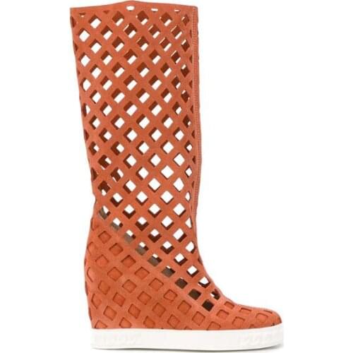 Dipsloot Woman Orange Black Army Green Suede Hole Knee High Boots Round Toe Height Increasing Wedges Heels Slip On Botas Shoes