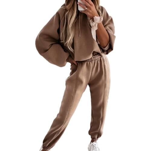 Autumn Women Suits Sweatshirt Trousers Outfit Solid Color Ankle Banded Two Piece Pockets Hooded Top Office Women Pants Set