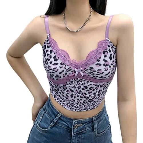 Leopard Print Women Vest Lace Stitching Backless Sleeveless Sling V-neck Crop Top Club Wear WomenS Tube Top