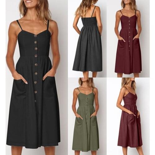 Spaghetti Strap Beach Dress Cover-ups Summer Solid Color Long Dress Women Buttoned High Waist A-line Pocket Sling Dress 2021 New