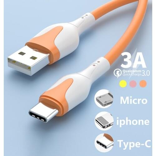 Liquid Silicone USB Cable Micro USB Type C Charger Wire 3A Fast Charging Data Cord Mobile Phone Charge Line For iPhone 12 Xiaomi