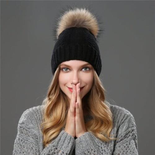 Winter women x27s real fur pompom hats wool knitted Crochet thick warm lined beanie hat lady fashion bobble ski cap beanies caps