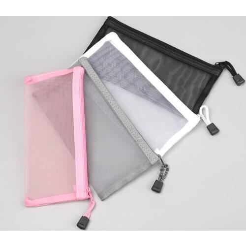 1pc Transparent Pencil Case Solid Color Mesh Pen Bag Simple Document Nylon Bag Pencil Case Office Student School Supplies