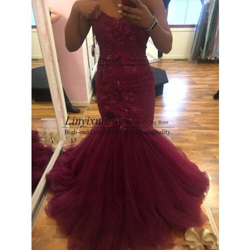 2020 Burgundy Mermaid Sweetheart African Prom Dresses Beads Lace Applique Backless Sweep Train Strapless Plus Evening prom dress