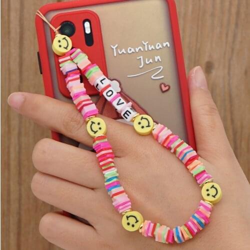 Phone Chain Wrist Strap Smile Face Chains Polymer Beads String Lanyard Accessories LOVE Letter Bracelet Jewelry 2021