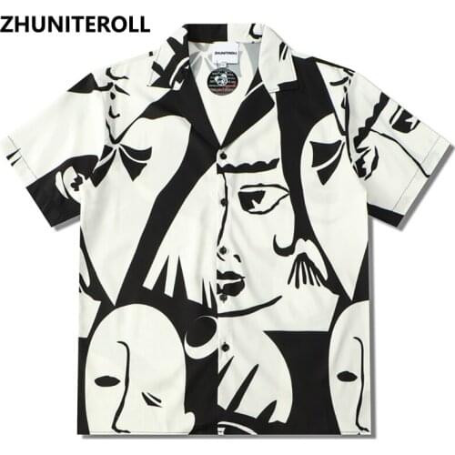 Streetwear Hip Hop Hawaiian Beach Shirts Abstract Print Button Shirt Mens Fashion Short Sleeve Holiday Party Blouse Black Tops