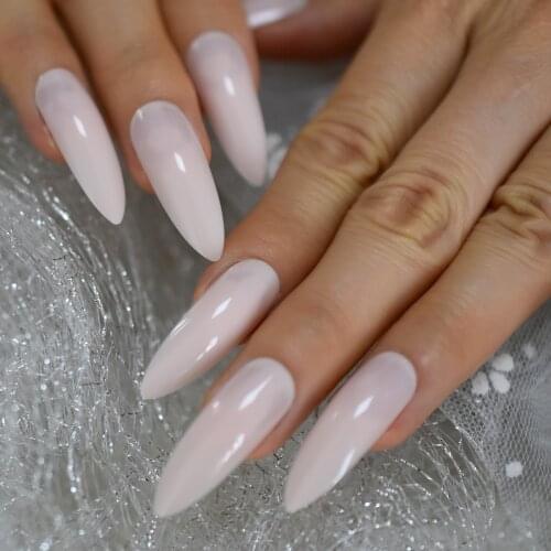 Extra Long Almond Fake Nails Light Pink Glossy Solid Color Salon Party Nail Art Tips with Adhesive Tabs