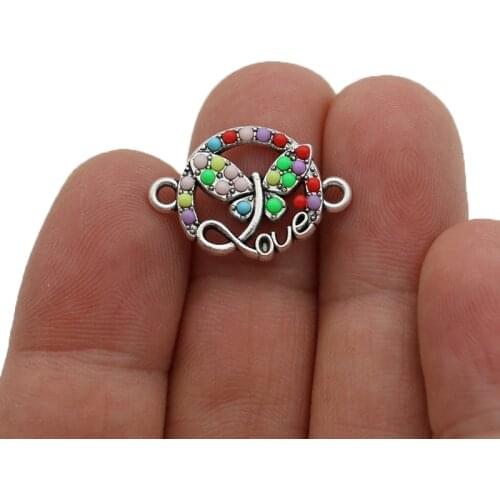 JAKONGO Silver Plated Crystal Butterfly Love Charm Connector for Making Bracelet DIY Findings Jewelry Accessories 22x16mm 5pcs