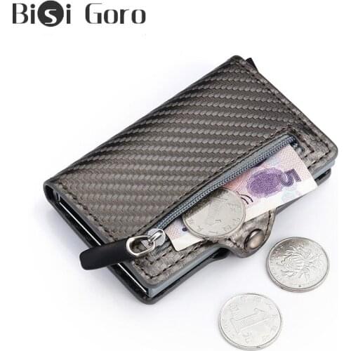 BISI GORO High Quality Carbon Fiber Smart Wallet Card RFID Men Business Button Wallet New Male Coin Purse ID Holder With Zipper