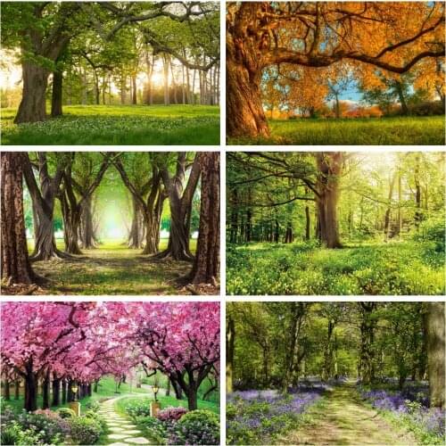Laeacco Spring Natural Landscape Backgrounds For Photography Forest Trees Blossom Grassland Sunshine Jungle Backdrops Photozone