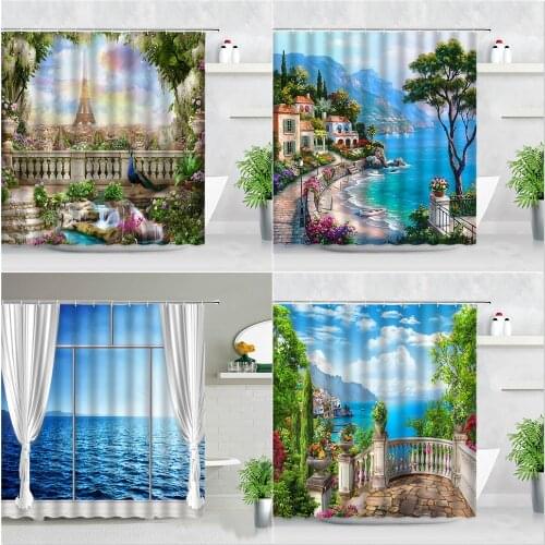 Landscape Shower Curtains Paris Tower Mediterranean Ocean Natural Scenery Backdrop Wall Decor Bathroom Bathtub Screen With Hooks