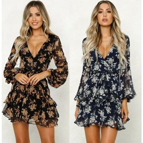 Summer Fashion Chiffon Flower V-neck Dress Womens Boho Floral Print Party Evening Beach Short Mini Dress Sundress