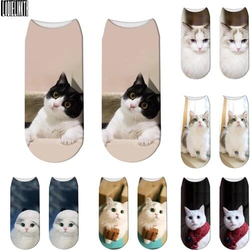 3D Printed Summer Womens Low Ankle Socks Cute Kitten Face Unisex Cotton Short Socks Multiple Choices Lovely Crew Socks For Girl