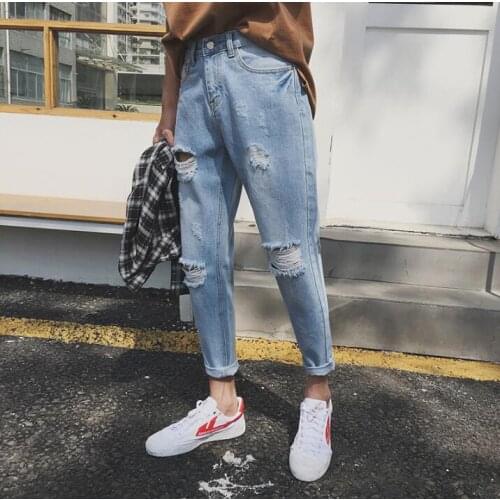 Hot 2020 New Male pencil pants Summer Korean version hole Fashion tapered jeans teen Slim Men ninth pants