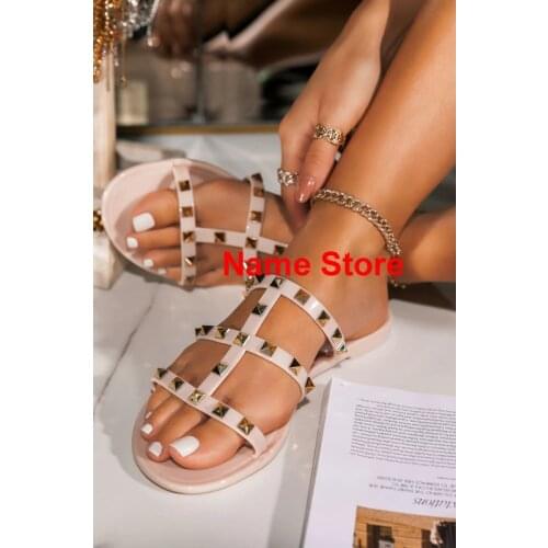 Fashion Jelly Shoes Summer Flat Womens Shoes Open Toe Slippers Outdoor Comfortable Rivet Sandals Plus Size