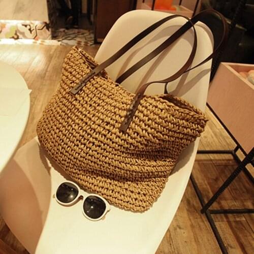 New Casual Shoulder Portable Handbag Square Straw Bag Paper Rope Woven Bag Beach Bag Zipper