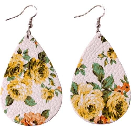 ZWPON 2020 New Spring Printed Rose Flower Leather Earrings for Women Boho Korean Water Drop Earrings Jewelry