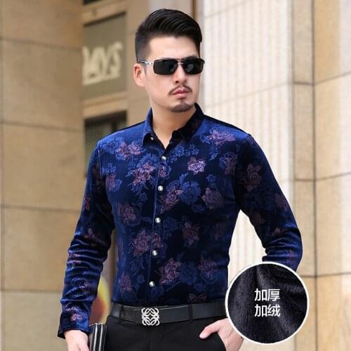 New arrival mens winter thick velvet shirt fashion floral male gold velvet clothes long sleeve warm velvet dress shirts