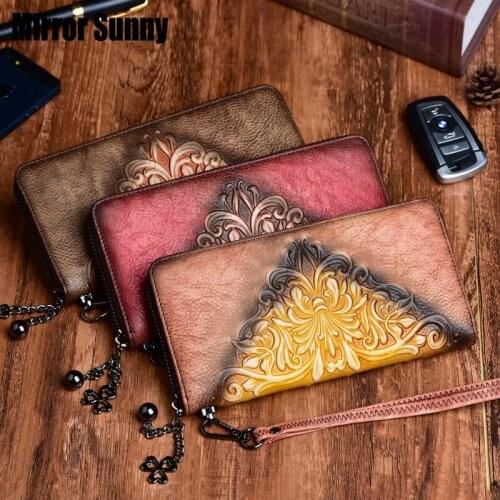 New Style First Layer Cowhide Leather Ladies Wallet Retro Embossed Multi-card Position Clutch Mobile Phone Bag Womens Purse