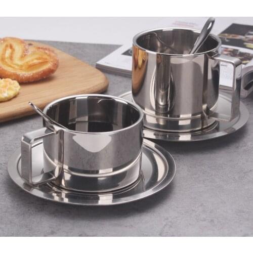 Originality Eur Coffee Cup With Dish Household Cafe Stainless Steel Tumble Suit Mirror Polishing Xicara Copo Saucer Sets Teacups