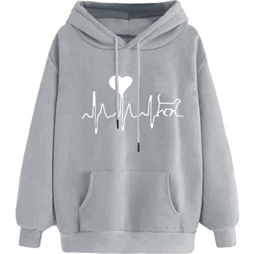 2021 Autumn Winter Hoodies Women Casual O-neck Heartbeat Printed Loose Sweatshirts Tunic V Blouse Tops Sport Hoody Cray Top