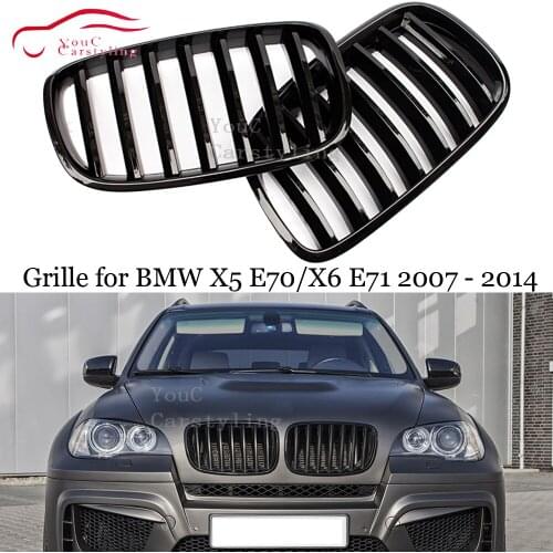 1-Slat/ 2-Slat ABS Carbon Fiber Front Kidney Grille for BMW X5 E70 X6 E71 2007 - 2014 Gloss Black M Color Racing Grills