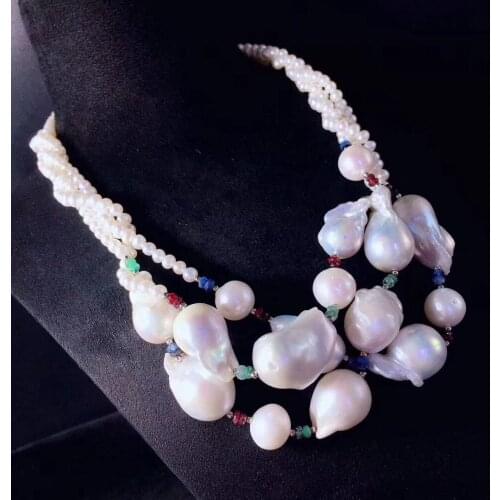 Casual baroque natural fresh water pearl necklace multi layers fine women jewelry 19 inch accept order any lenth free shipping