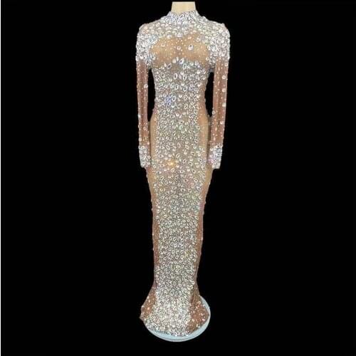 Luxurious Rhinestones Crystals Mesh Long Dresses Women Birthday Celebrate Evening Prom Gown Party Dress Singer Performance Wear